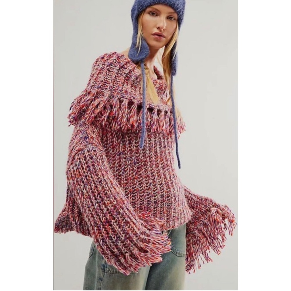 Free People FP One Kinsley Fringe Cowlneck Sweater Pink Combo Sz Small New!